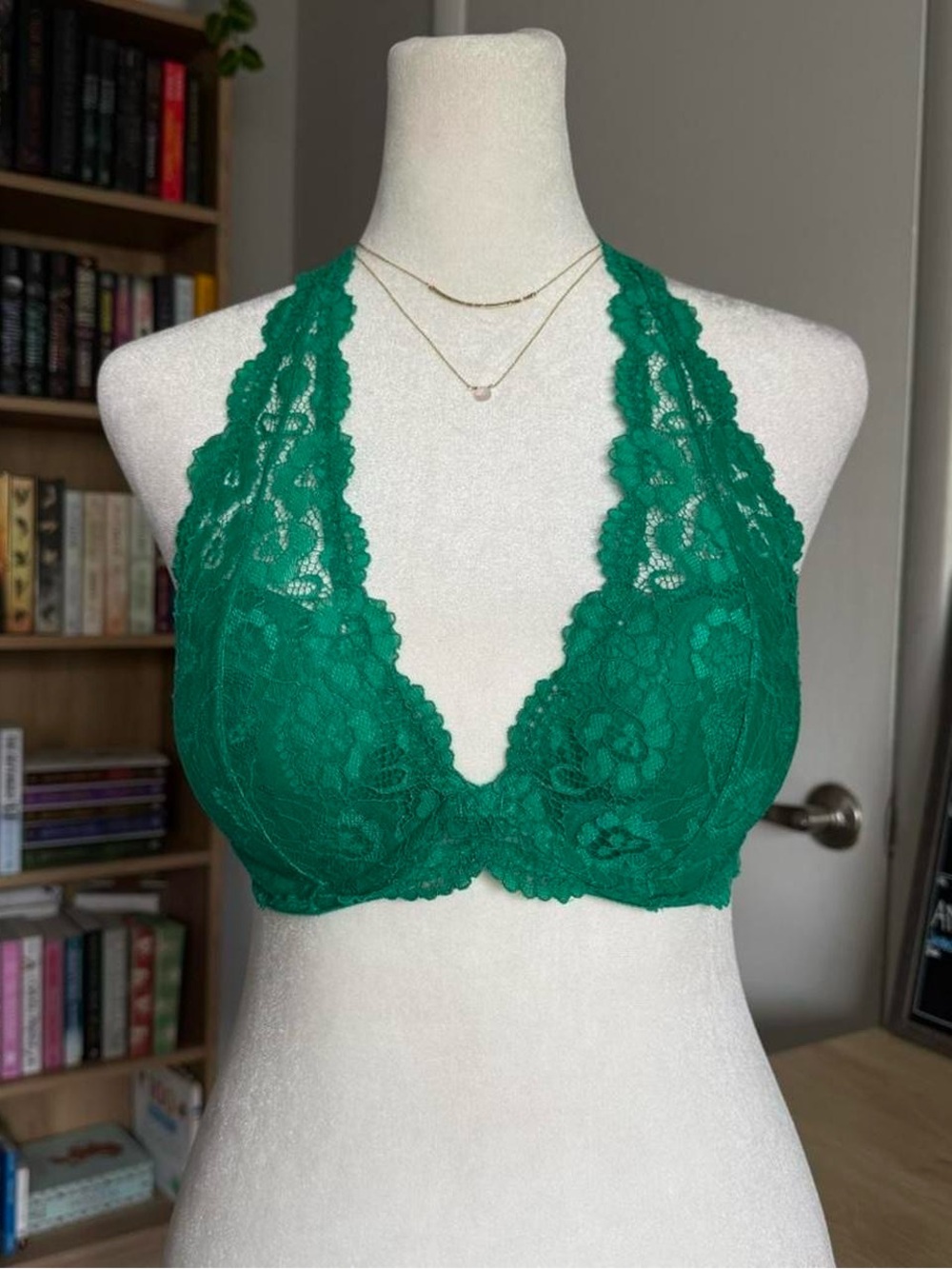 emerald green lace halter bralette